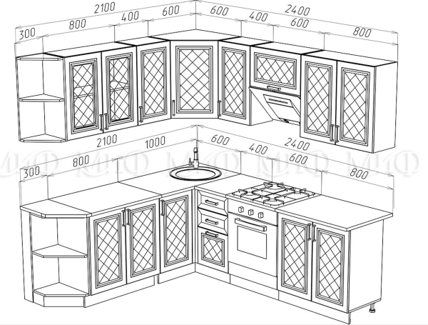 Кухонный Гарнитур Ирма Угловой МДФ 2100 х 2400 мм/Разные Цвета 