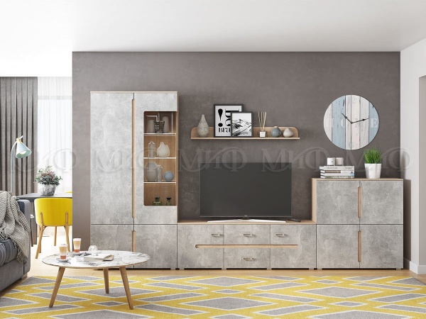 Гостиная Каролина Дуб МДФ Сонома/Бетон Светлый (Ш-3600 мм x В-2060 мм x Г-424 мм)